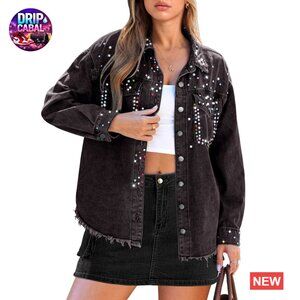 Oversized Denim Jacket Rhinestone Pearl Embellished Frayed Hem Y2K Chic